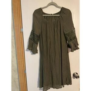 Indigo Rose Plus Olive Green Soft Crepe Bell Sleeves Elastic Scoop Tunic Dress